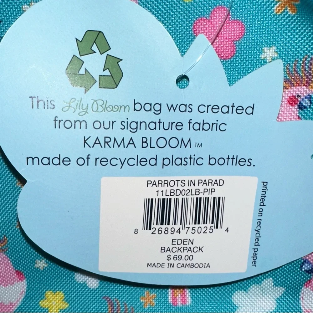 LILY BLOOM‎ Karma Recycled Plastic Eden Backpack “Parrots in Paradise” $69 MSRP